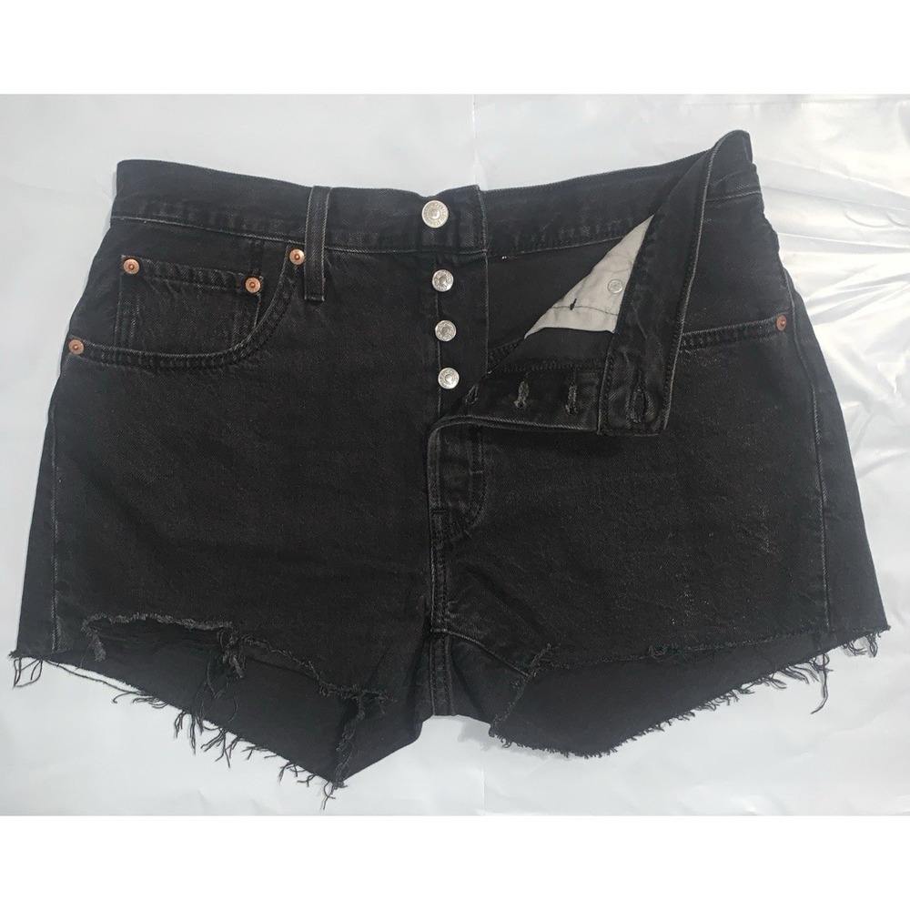 Levi's 501 Jean Shorts Womens 31 Black Cut Off Button Fly Raw Hem Distressed